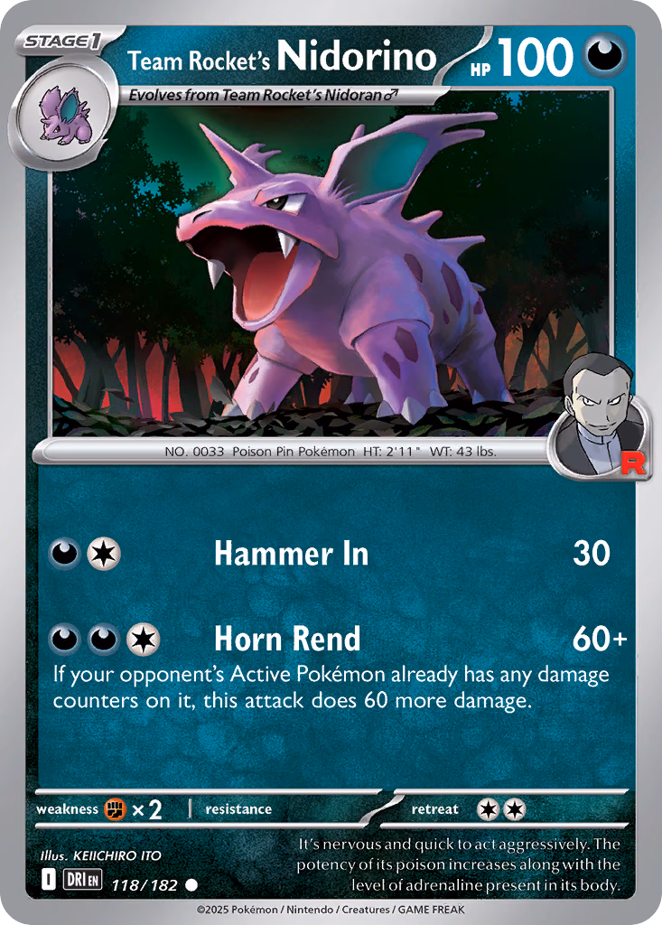 Team Rocket's Nidorino Pokemon card (118/182, Destined Rivals)
