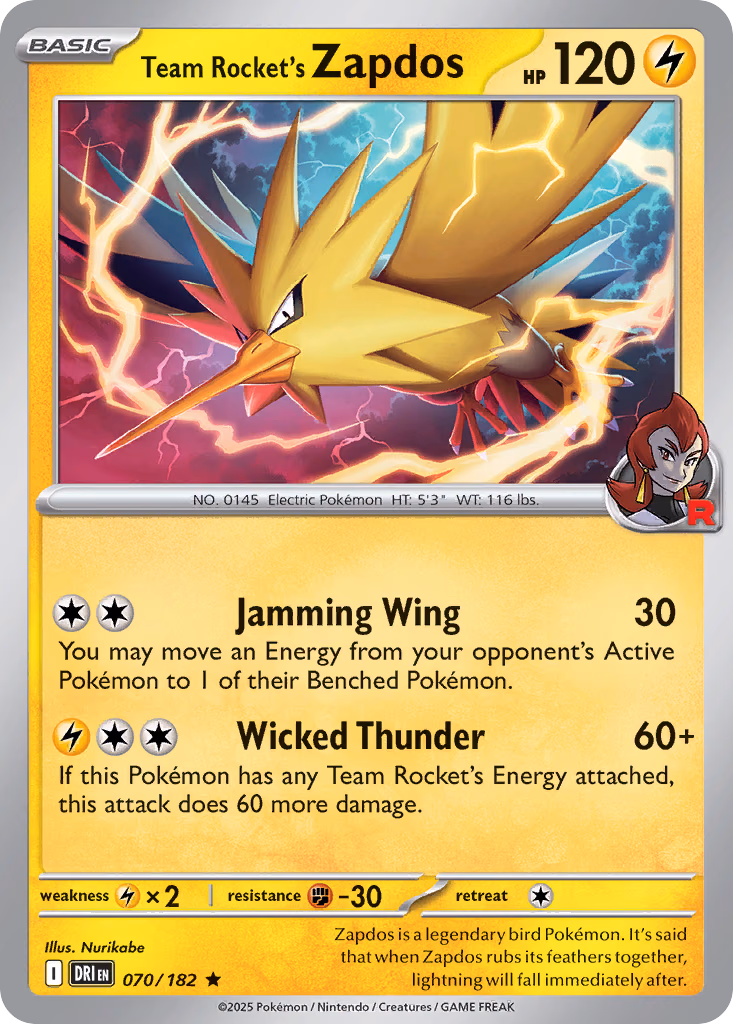 Team Rocket's Zapdos Pokemon card (070/182, Destined Rivals)