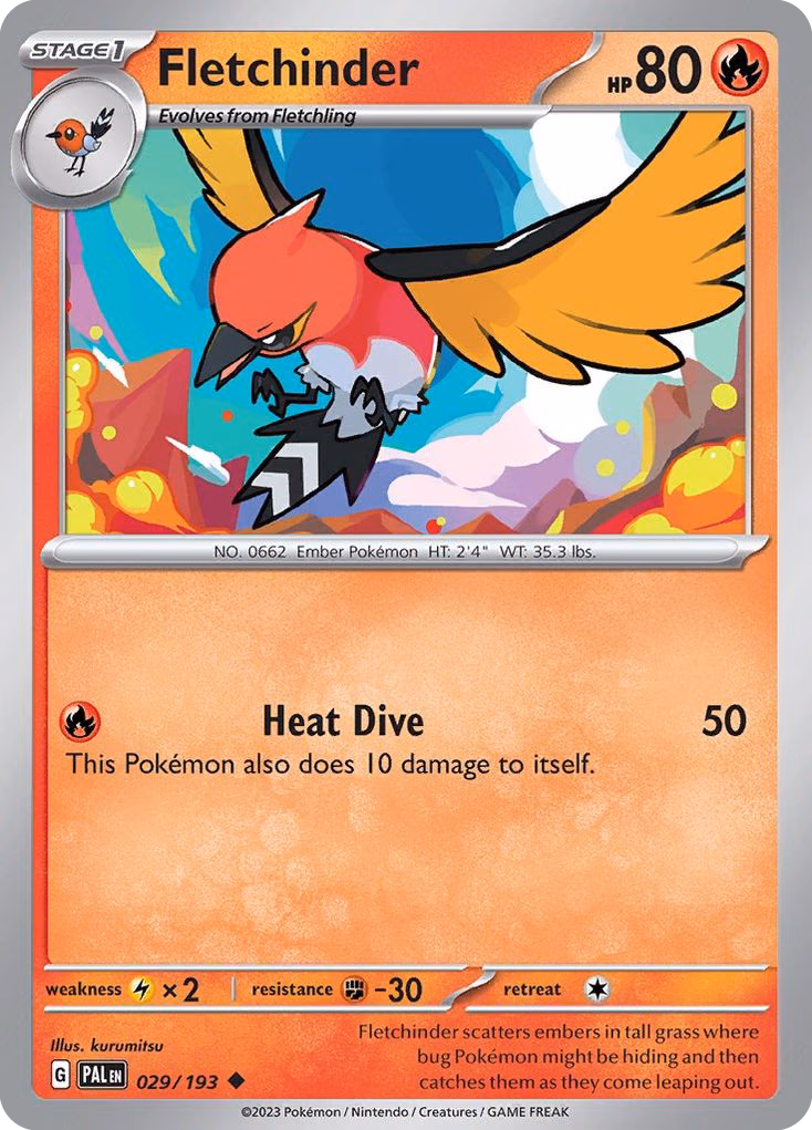 Fletchinder Pokemon card (029/193, Paldea Evolved)