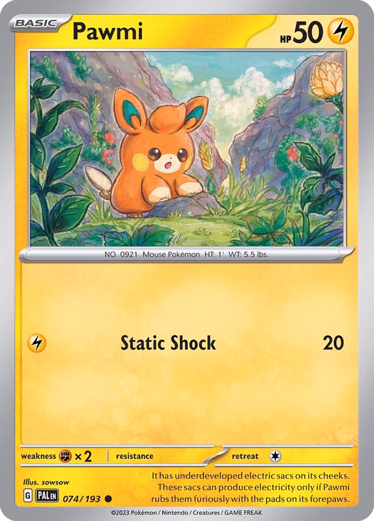 Pawmi Pokemon card (074/193, Paldea Evolved)