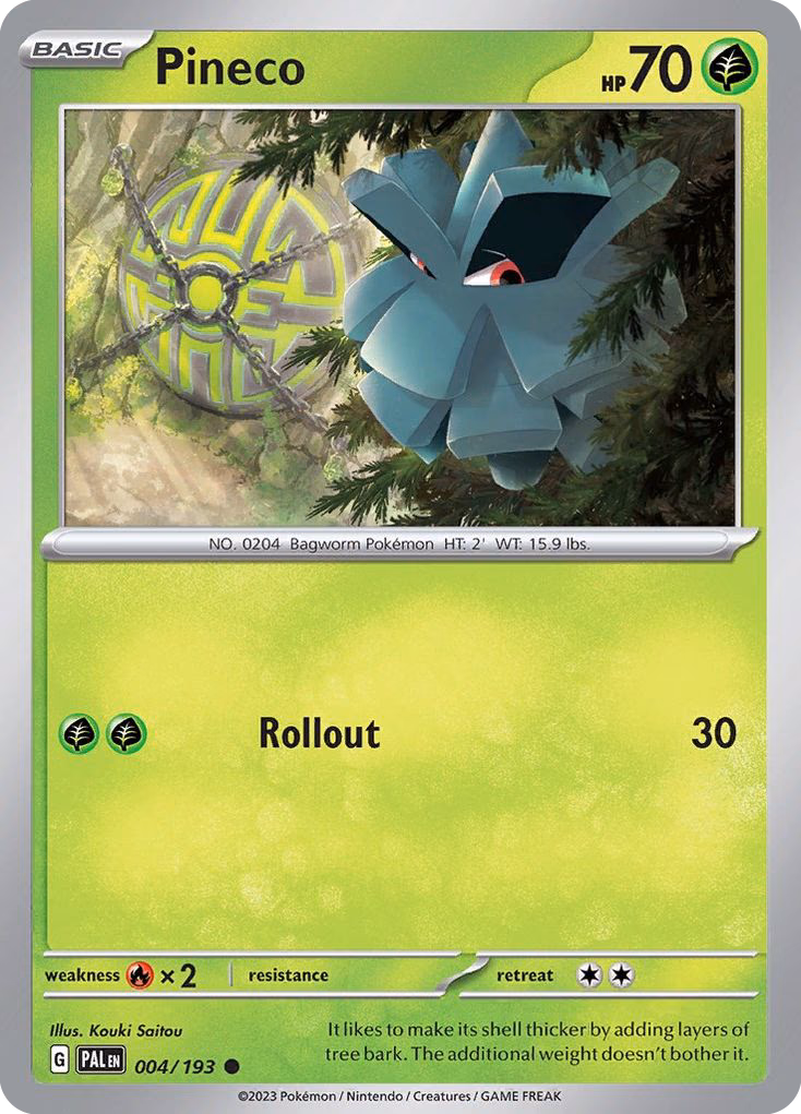 Pineco Pokemon card (004/193, Paldea Evolved)