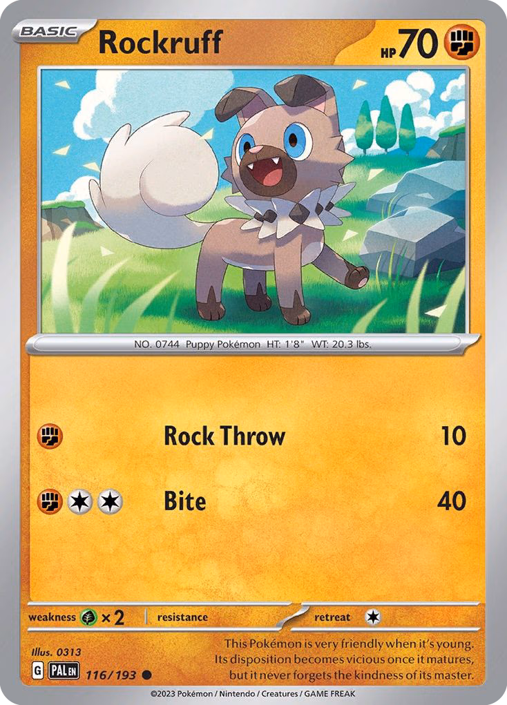 Rockruff Pokemon card (116/193, Paldea Evolved)