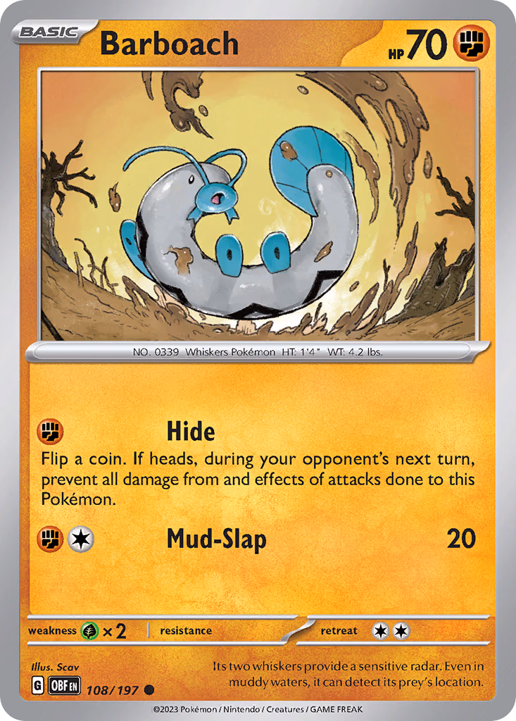 Barboach Pokemon card (108/197, Obsidian Flames)