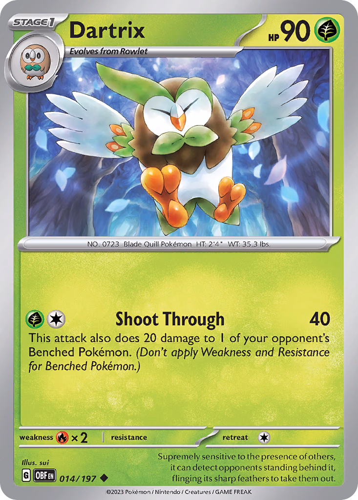 Dartrix Pokemon card (014/197, Obsidian Flames)