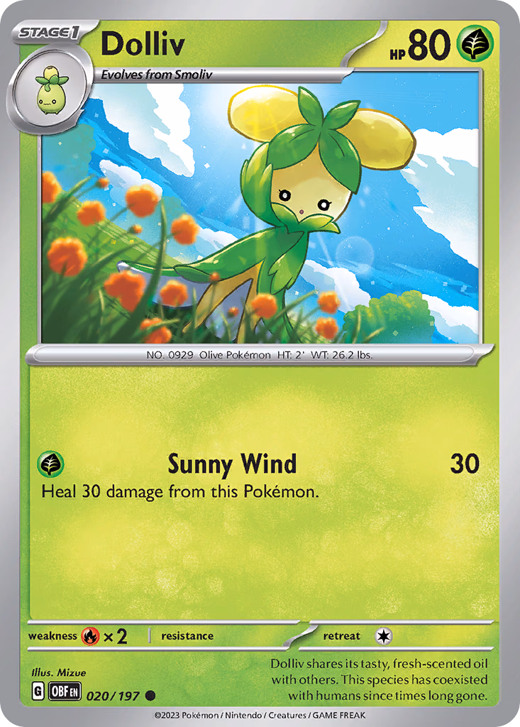 Dolliv Pokemon card (020/197, Obsidian Flames)