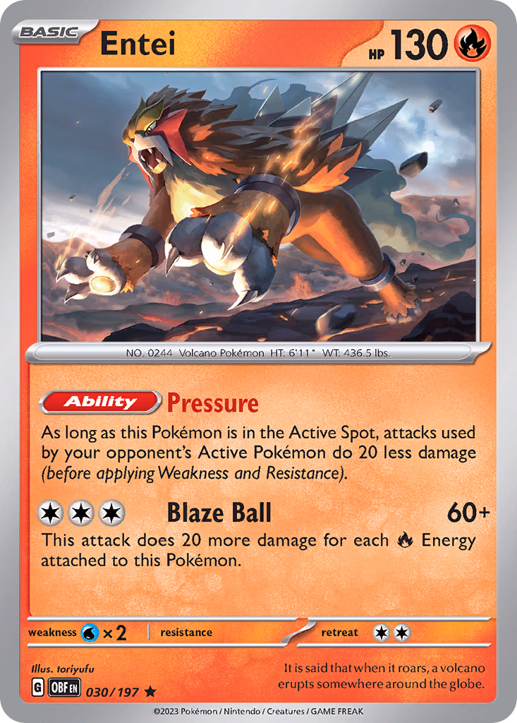 Entei Pokemon card (030/197, Obsidian Flames)