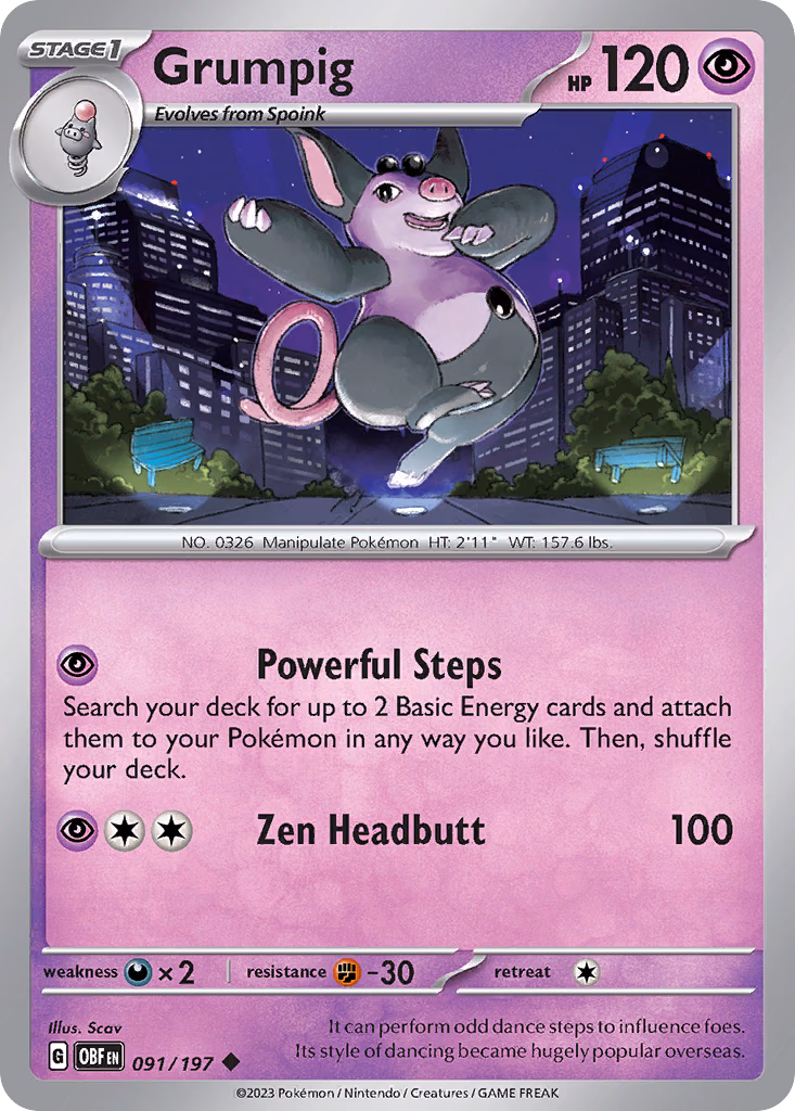 Grumpig Pokemon card (091/197, Obsidian Flames)