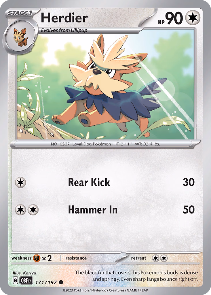 Herdier Pokemon card (171/197, Obsidian Flames)