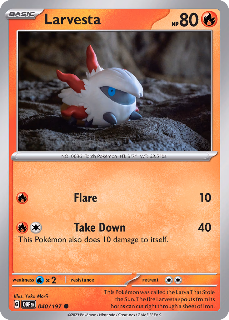 Larvesta Pokemon card (040/197, Obsidian Flames)