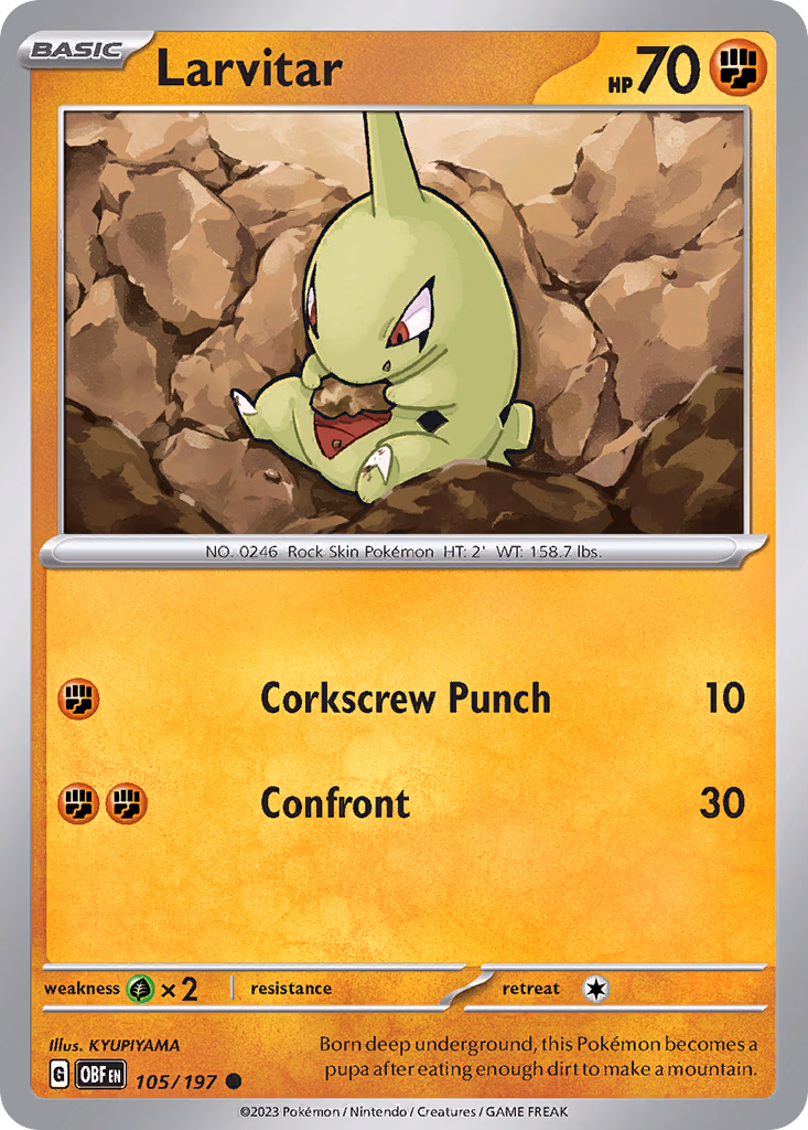 Larvitar Pokemon card (105/197, Obsidian Flames)