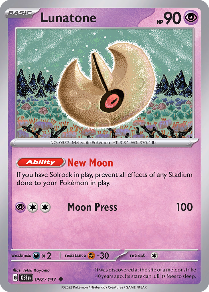 Lunatone Pokemon card (092/197, Obsidian Flames)