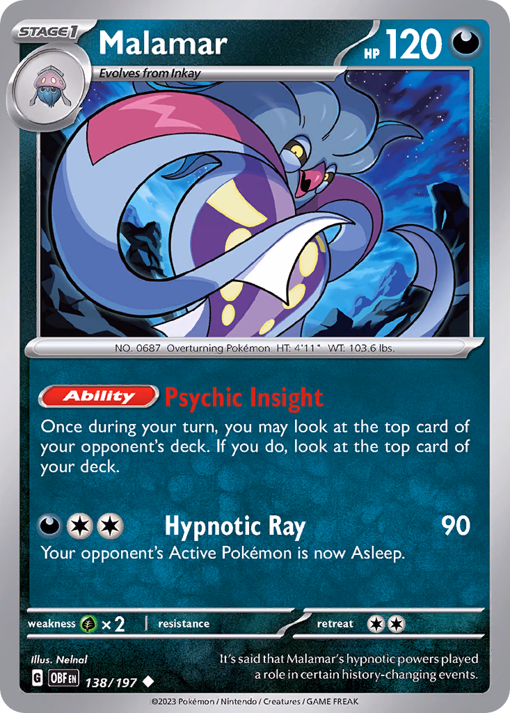 Malamar Pokemon card (138/197, Obsidian Flames)