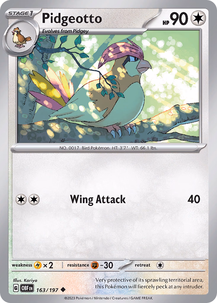 Pidgeotto Pokemon card (163/197, Obsidian Flames)