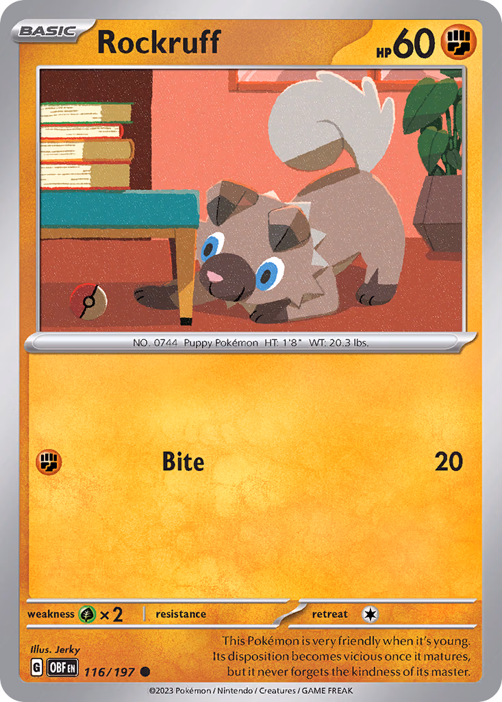 Rockruff Pokemon card (116/197, Obsidian Flames)