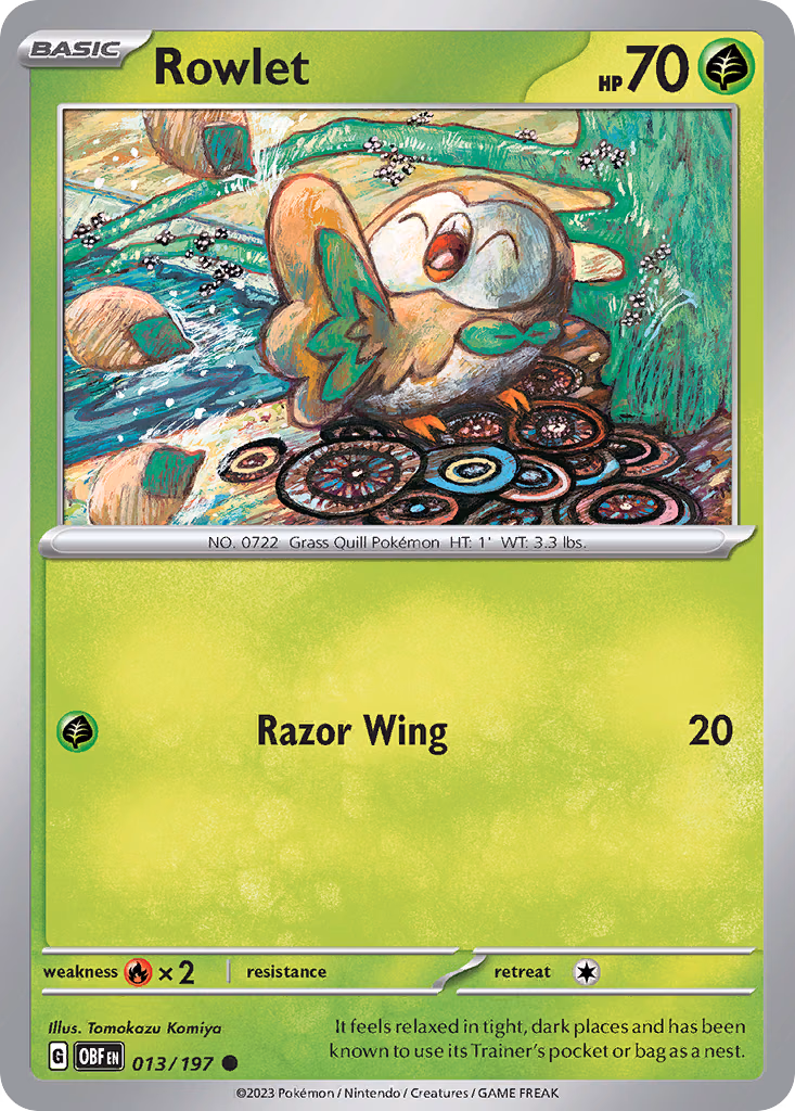 Rowlet Pokemon card (013/197, Obsidian Flames)
