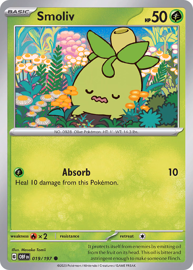 Smoliv Pokemon card (019/197, Obsidian Flames)
