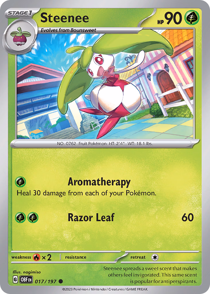 Steenee Pokemon card (017/197, Obsidian Flames)