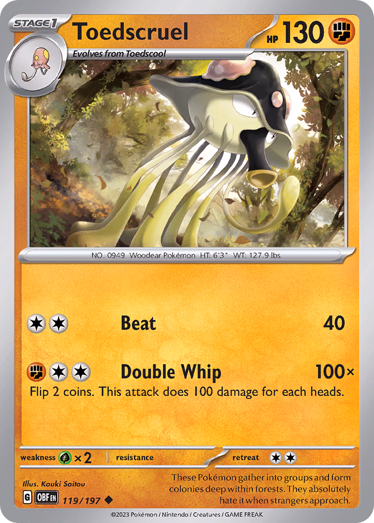 Toedscruel Pokemon card (119/197, Obsidian Flames)