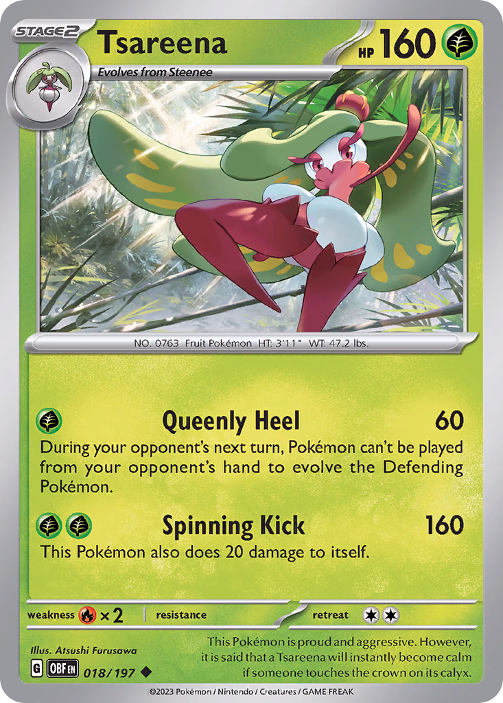 Tsareena Pokemon card (018/197, Obsidian Flames)