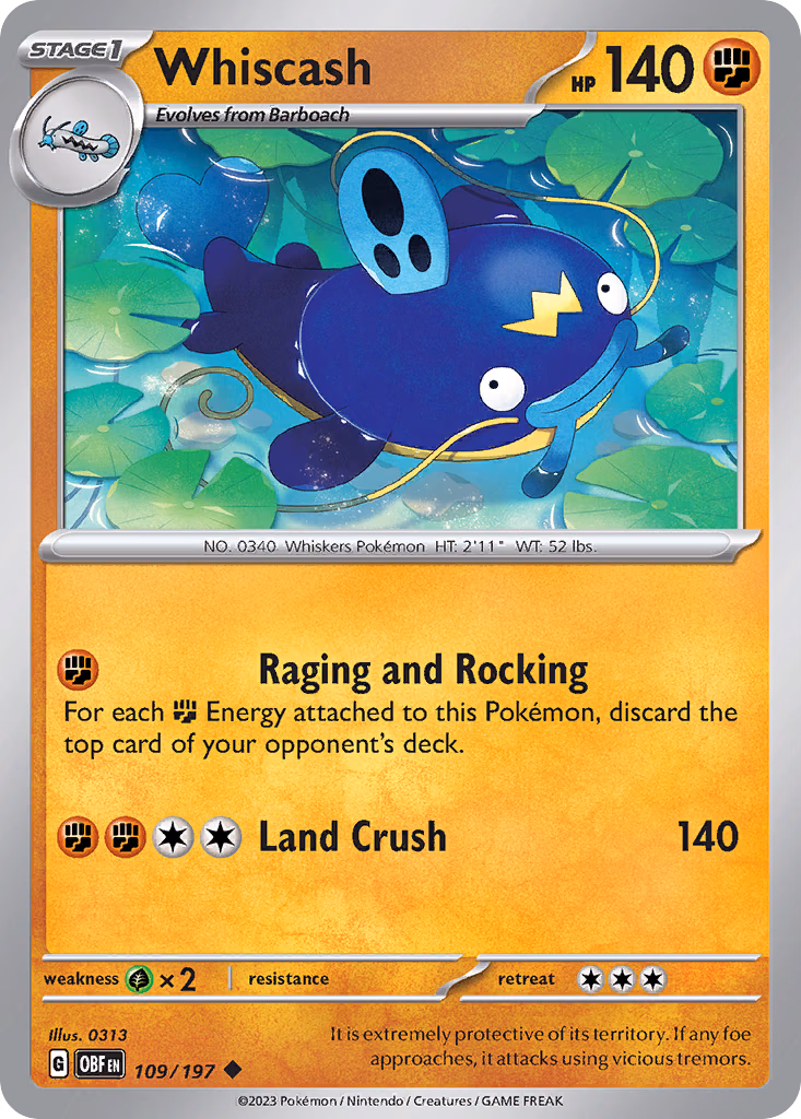 Whiscash Pokemon card (109/197, Obsidian Flames)