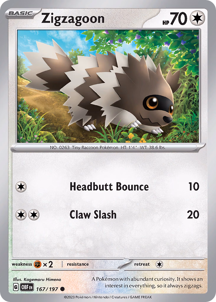 Zigzagoon Pokemon card (167/197, Obsidian Flames)