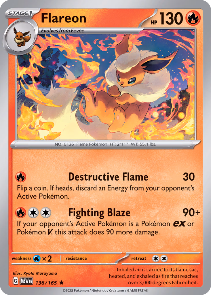 Flareon Pokemon card (136/165, 151)