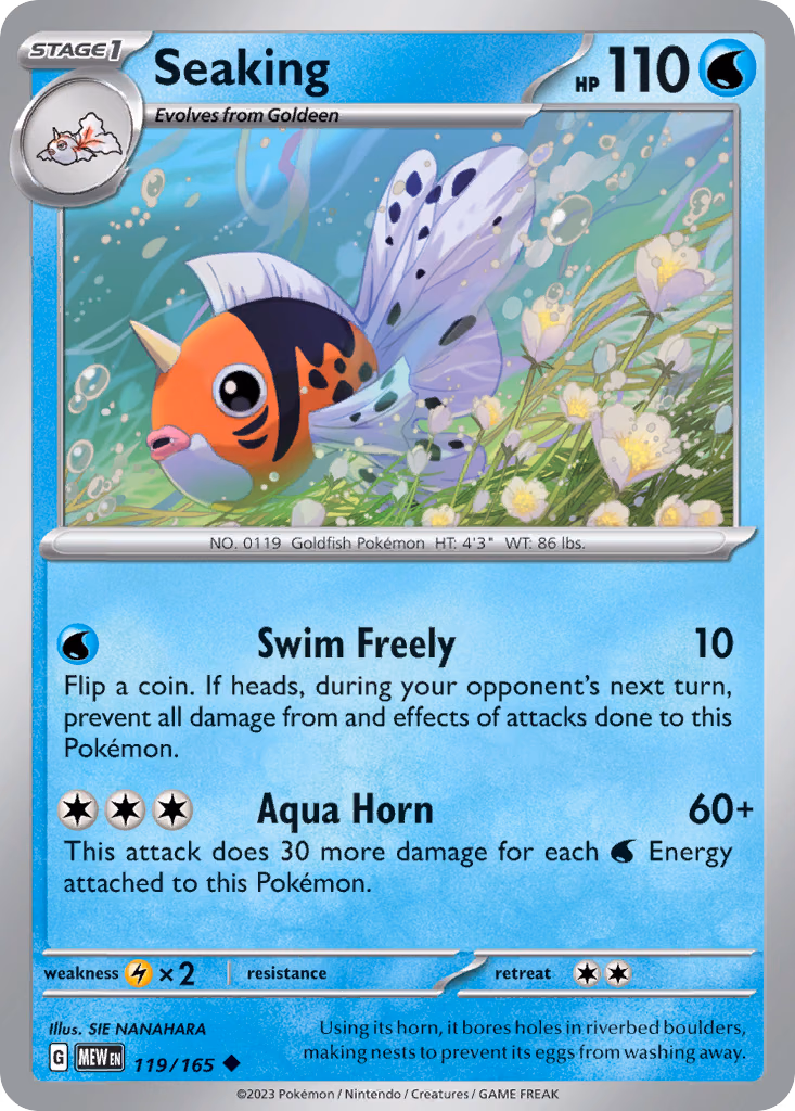 Seaking Pokemon card (119/165, 151)