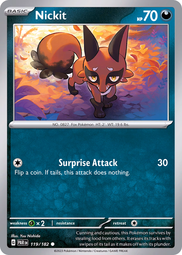 Nickit Pokemon card (119/182, Paradox Rift)