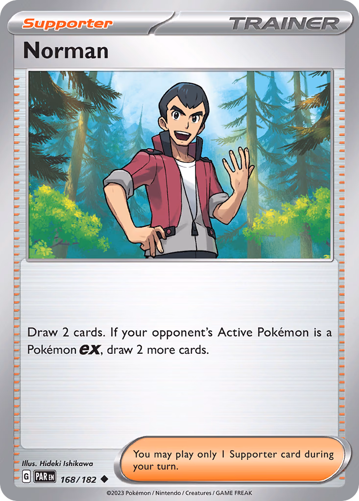 Norman Pokemon card (168/182, Paradox Rift)