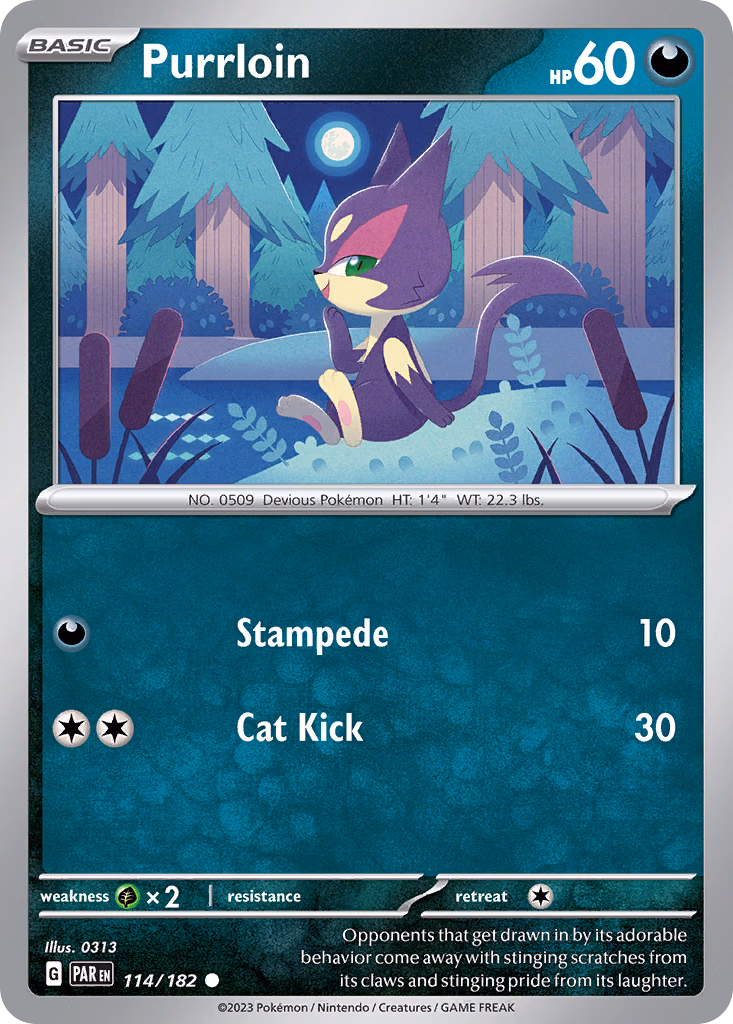 Purrloin Pokemon card (114/182, Paradox Rift)