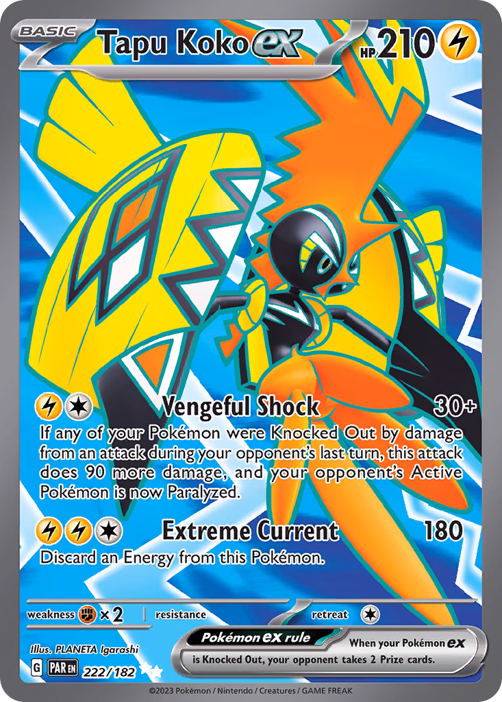 Tapu Koko ex Pokemon card (222/182, Paradox Rift)