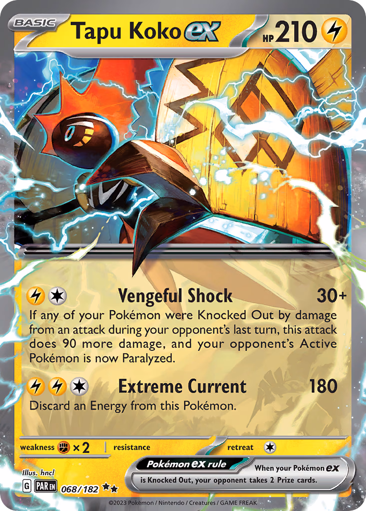 Tapu Koko ex Pokemon card (068/182, Paradox Rift)