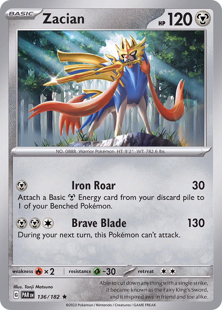 Zacian Pokemon card (136/182, Paradox Rift)