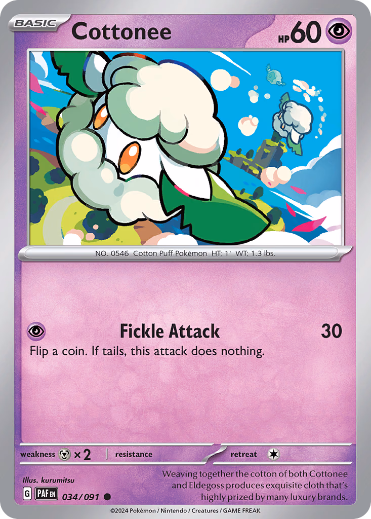 Cottonee Pokemon card (034/091, Paldean Fates)