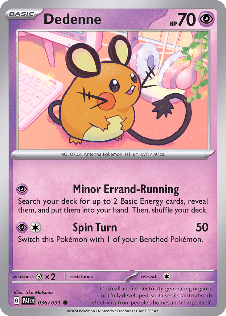 Dedenne Pokemon card (036/091, Paldean Fates)