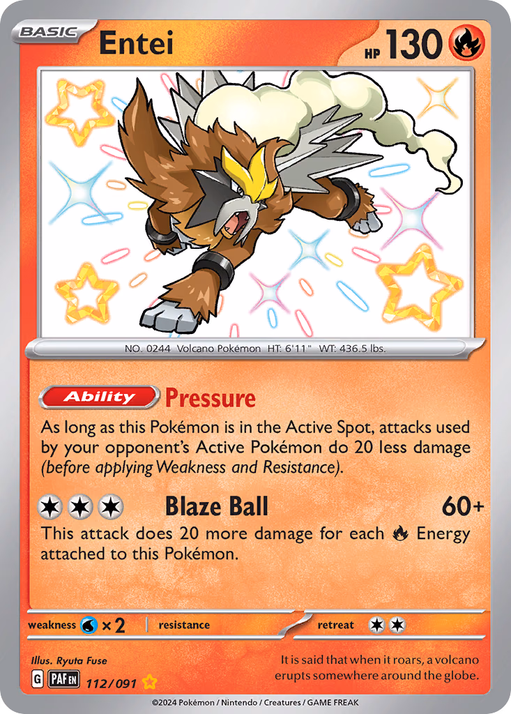 Entei Pokemon card (112/091, Paldean Fates)
