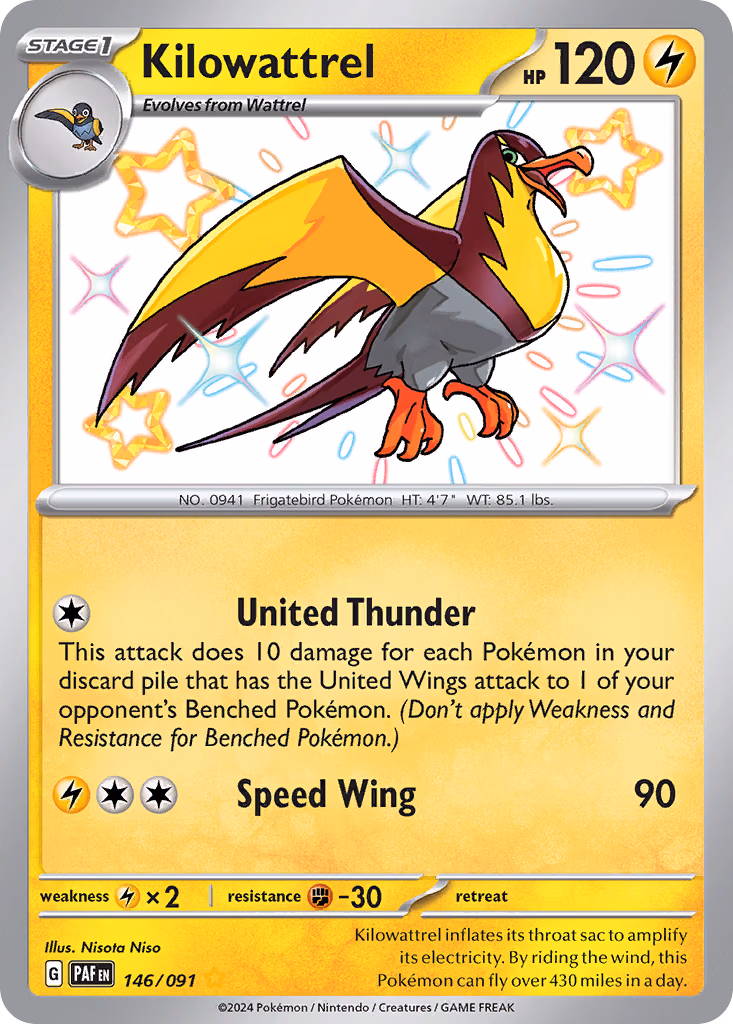 Kilowattrel Pokemon card (146/091, Paldean Fates)