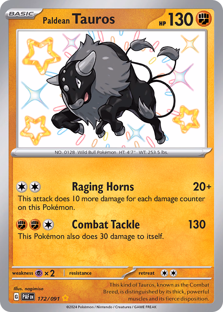 Paldean Tauros Pokemon card (172/091, Paldean Fates)