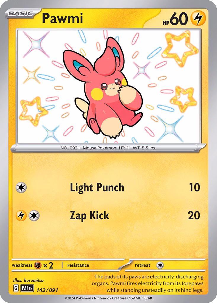 Pawmi Pokemon card (142/091, Paldean Fates)