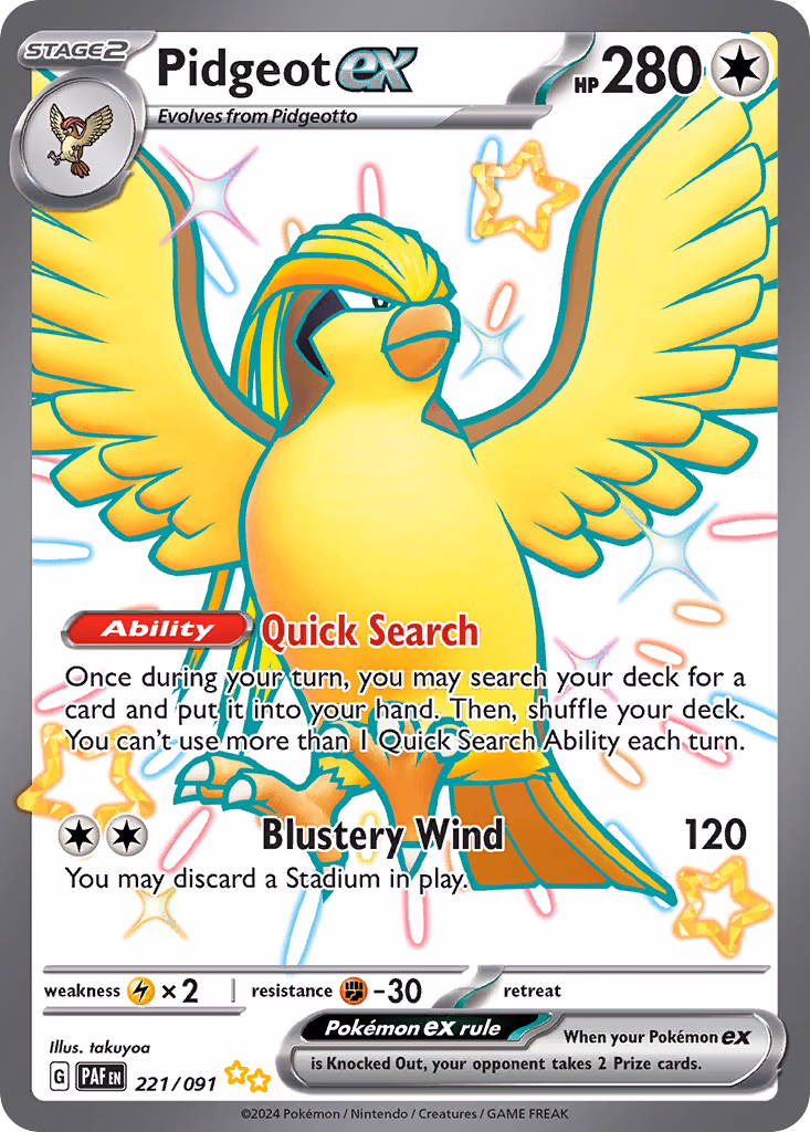 Pidgeot ex Pokemon card (221/091, Paldean Fates)