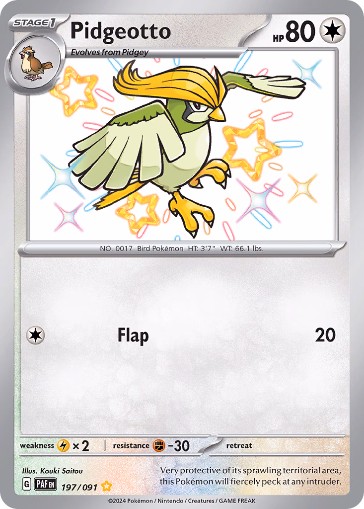 Pidgeotto Pokemon card (197/091, Paldean Fates)