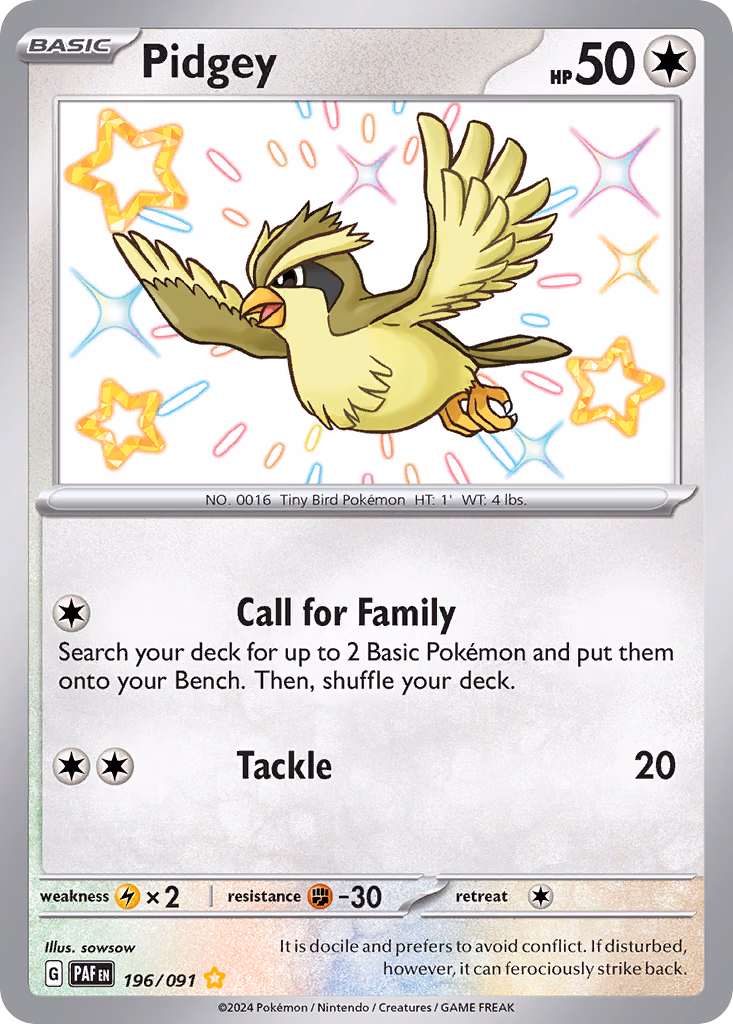 Pidgey Pokemon card (196/091, Paldean Fates)