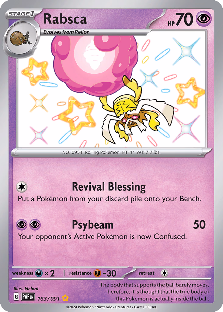 Rabsca Pokemon card (163/091, Paldean Fates)