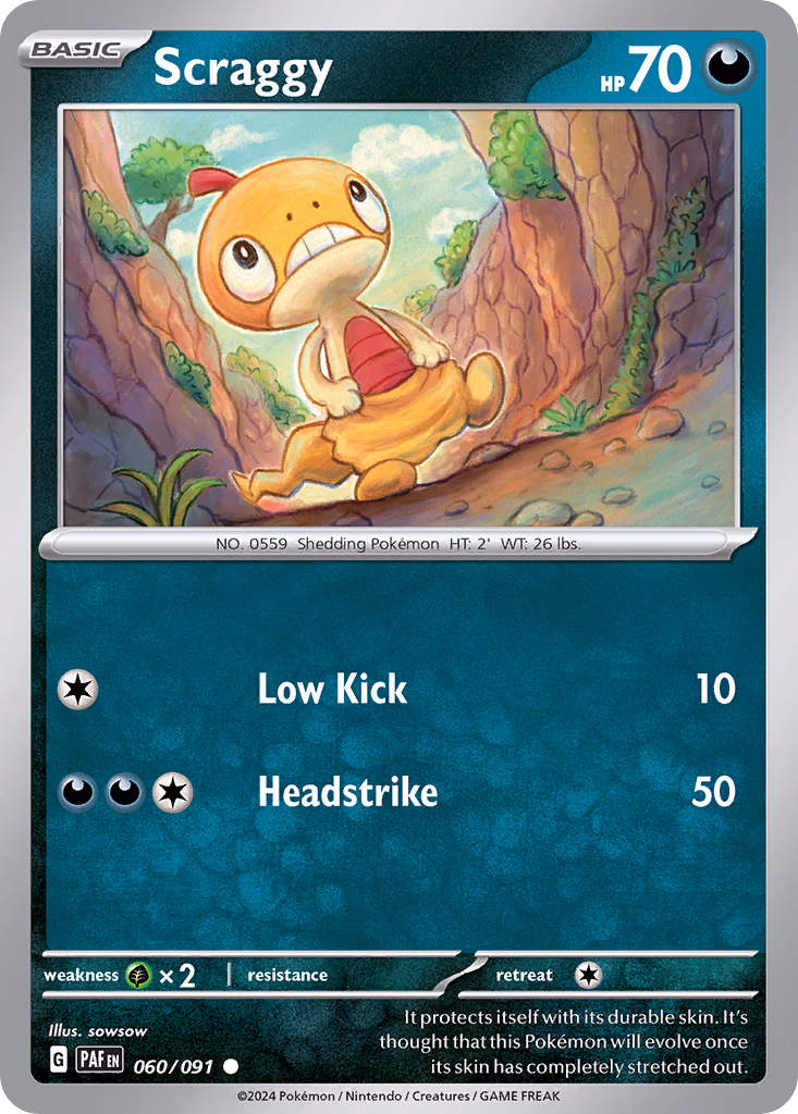 Scraggy Pokemon card (060/091, Paldean Fates)