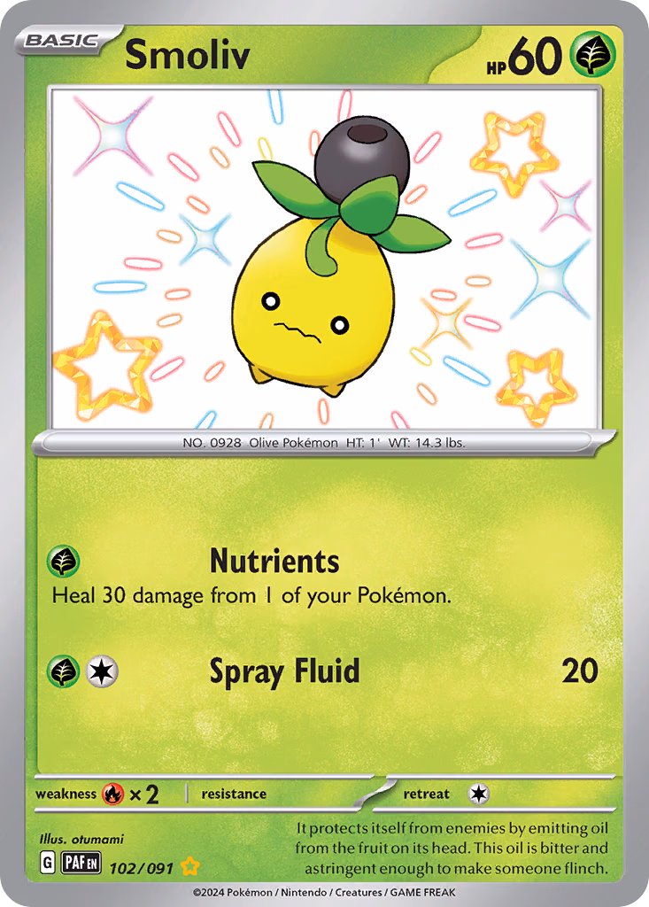 Smoliv Pokemon card (102/091, Paldean Fates)