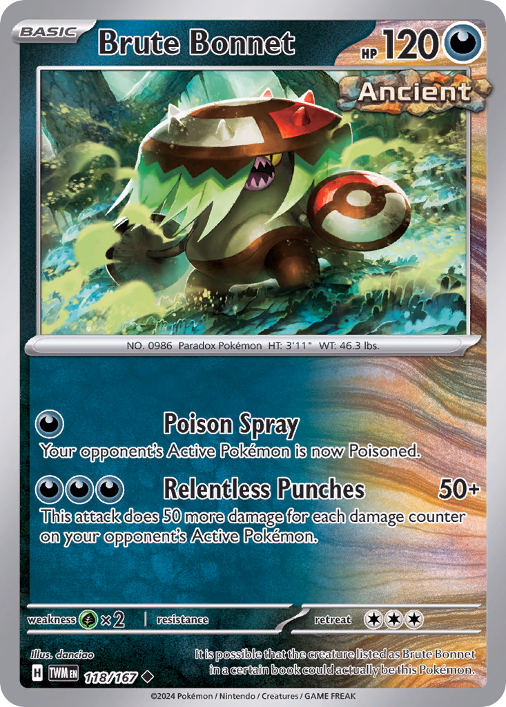 Brute Bonnet Pokemon card (118/167, Twilight Masquerade)