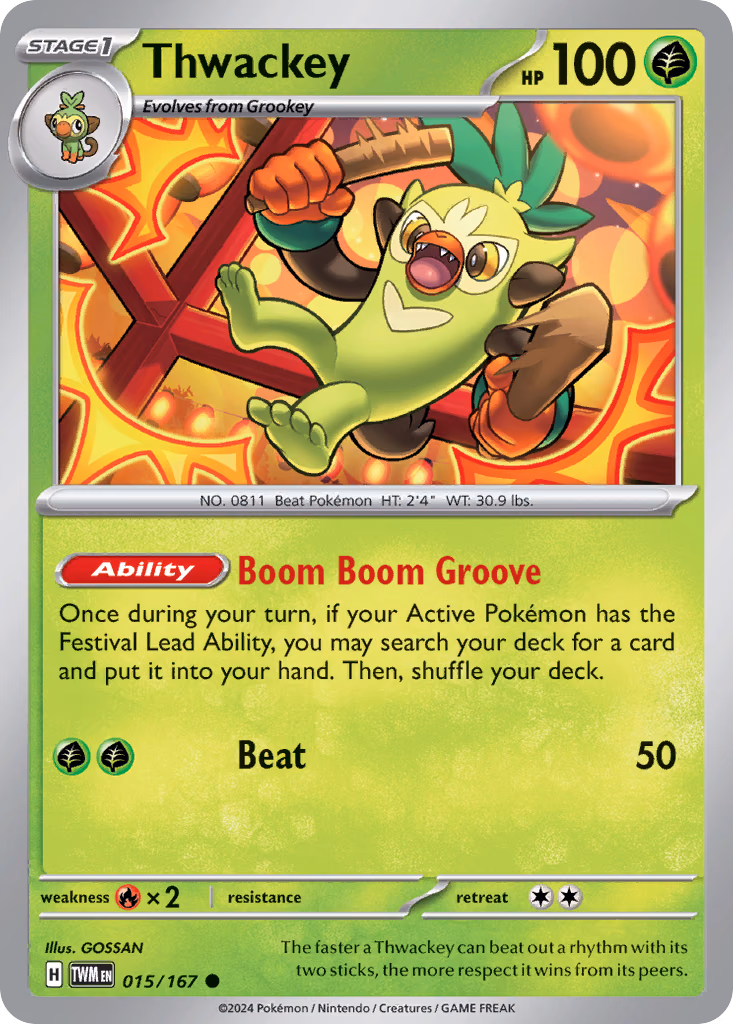 Thwackey Pokemon card (015/167, Twilight Masquerade)