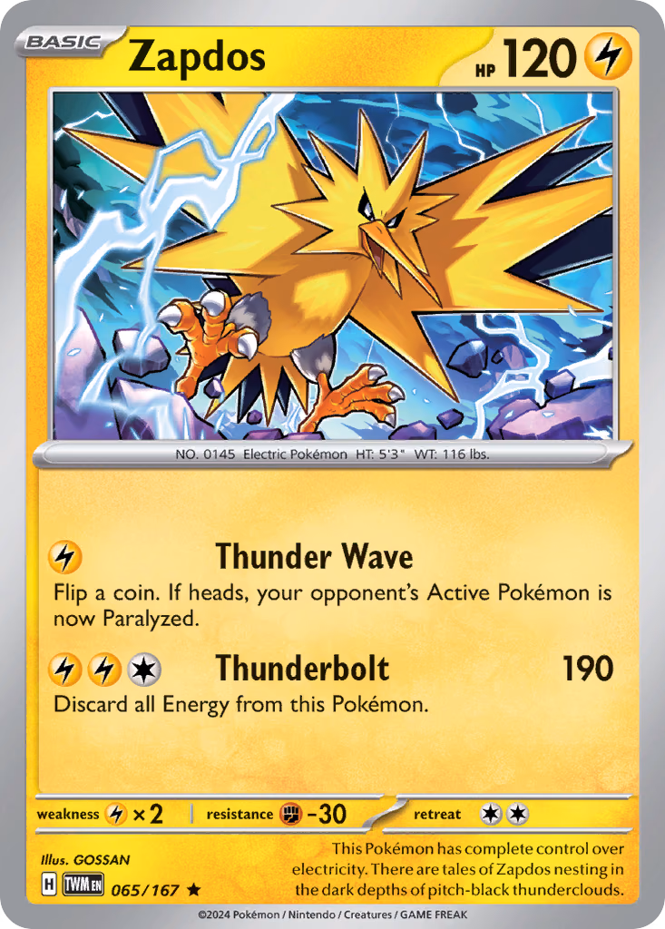 Zapdos Pokemon card (065/167, Twilight Masquerade)
