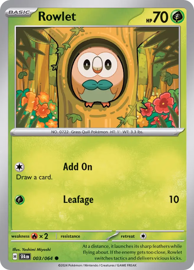 Rowlet Pokemon card (003/064, Shrouded Fable)