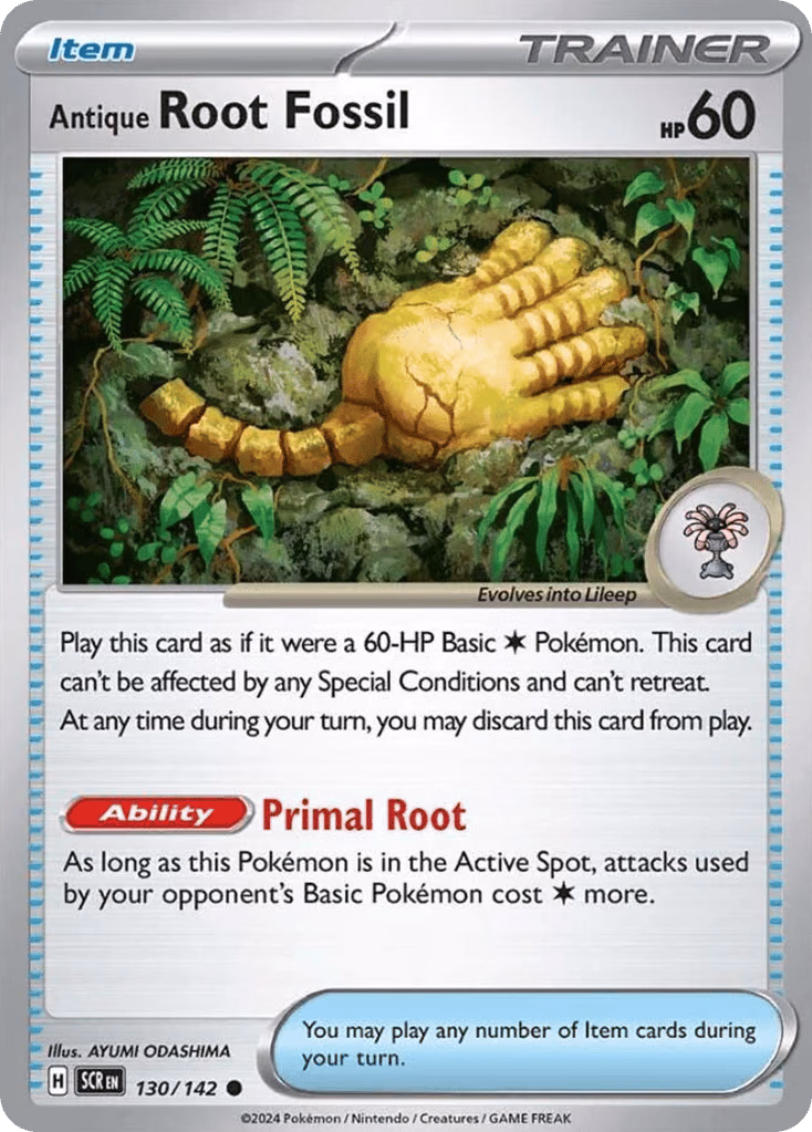 Antique Root Fossil Pokemon card (130/142, Stellar Crown)